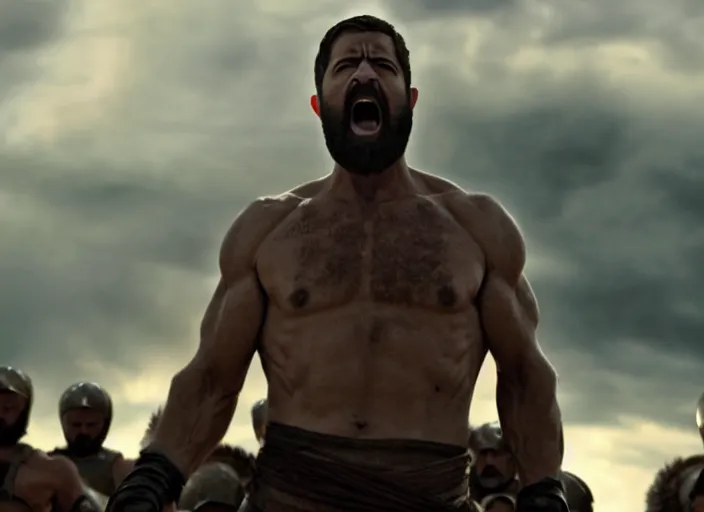 Image similar to cinematic film still of joe biden as leonidas shouting in 3 0 0 movie, 8 k, epic moody sky, dramatic lighting