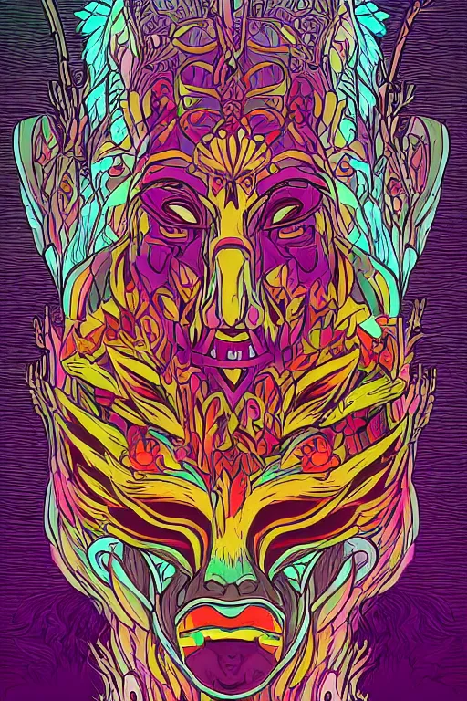 Image similar to animal mask totem roots flower tribal feather gemstone plant wood rock shaman vodoo video game vector cutout illustration vivid multicolor borderlands comics by josan gonzales and dan mumford radiating a glowing aura