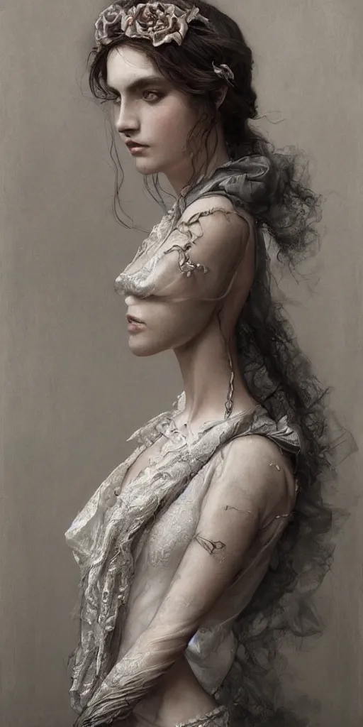 Prompt: a beautiful hyperrealistic portrait pose of a stunning Victorian model in a high-collared grey and white dress looking mournful, intricate, elegant, highly detailed, smooth, sharp focus, award-winning, masterpiece, in the style of Tom Bagshaw, Cedric Peyravernay, Peter Mohrbacher