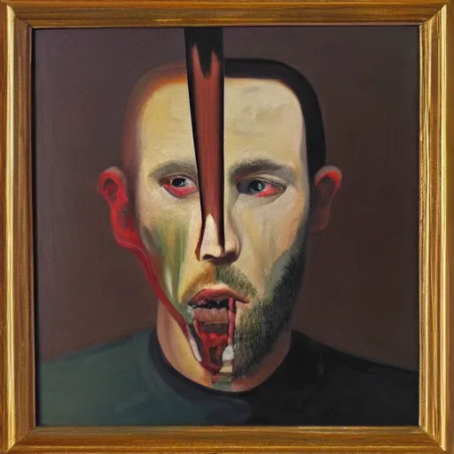 Image similar to an album cover of a man with a knife in his head, neutral expression, oil on canvas