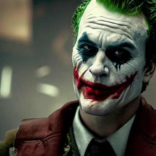 Image similar to the joker 2 0 1 9 in gears of war, splash art, movie still, detailed face, photorealistic facial features, cinematic lighting, dramatic, octane render, long lens, shallow depth of field, bokeh, anamorphic lens flare, 8 k, hyper detailed, 3 5 mm film grain