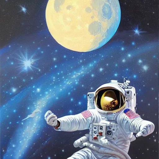 Prompt: extremely detailed painting of astronaut captain buzz lightyeahr floating in space, moon in the background, hyper realistic masterpiece by hajime sorayama