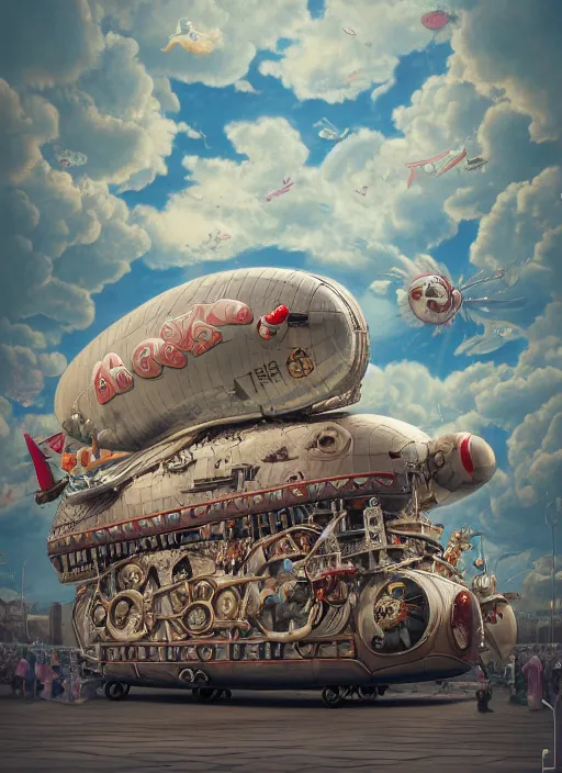 Prompt: wide - angle portrait of tin toy airship parade, depth of field, zeiss lens, detailed, symmetrical, centered, fashion photoshoot, by nicoletta ceccoli, mark ryden, lostfish, earl nore, hyung tae, frank frazetta, breathtaking, 8 k resolution, extremely detailed, beautiful, establishing shot, artistic, hyperrealistic, octane render