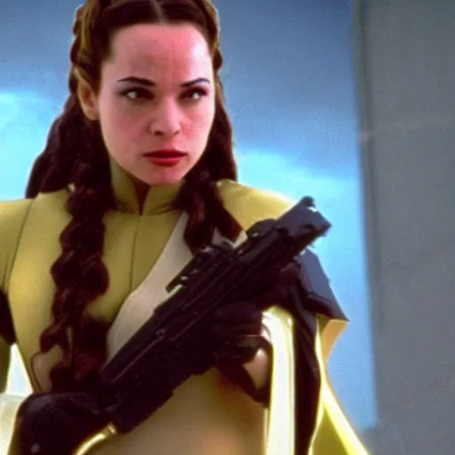 Prompt: action still of janeane garofalo as Padmé Amidala in attack of the clones