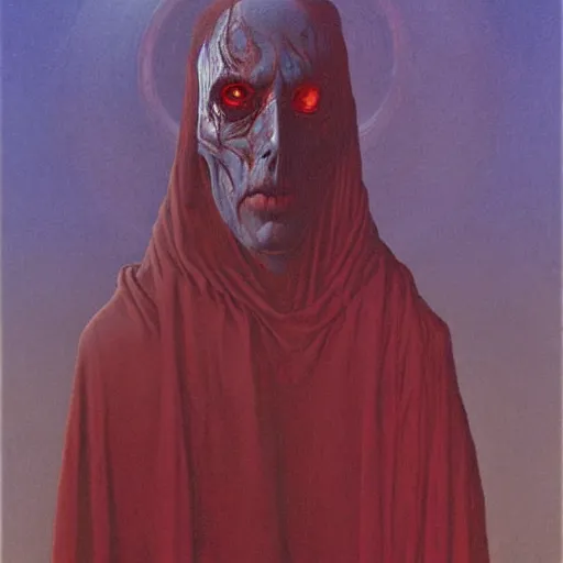 Image similar to inquisitor of Mephistopheles portrait by gerald brom and Zdzisław Beksiński, darkwave