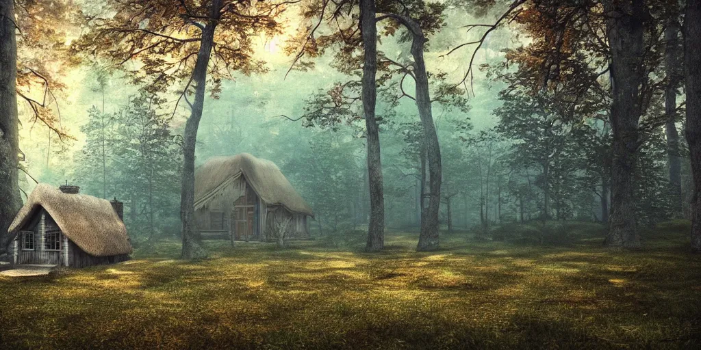 Image similar to a cottage in the woods and empty woods, fantasy, hyper realistic, dramatic lighting, 8k