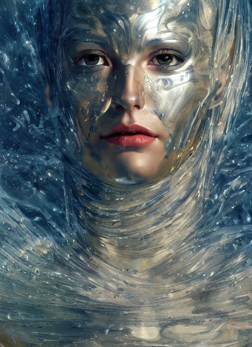 Image similar to a biblical diabolical beautiful female android girl face, hawk, shiny hi tech armor, dynamic pose, splashing, heavy eyes to the side, glowing veins, in clouds, rain, sunset, portrait, by gerald brom, by mikhail vrubel, by peter elson, muted colors, extreme detail, reflections, trending on artstation, 8 k