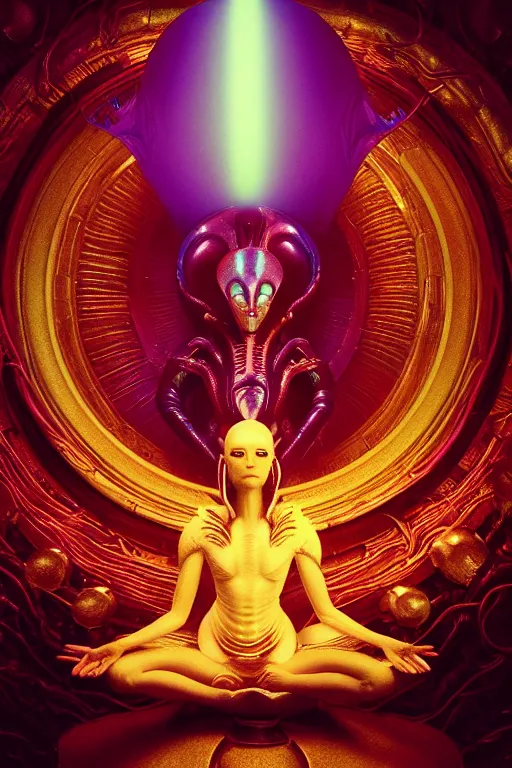 Image similar to cinematic masterpiece polaroid portrait of glistening opalescent elegant queen empress xenomorph alien goddess meditating lotus position, inside ominous glowing alien temple shrine incubator. in the style of aliens, by denis villeneuve, weta workshop, james cameron, h. r. giger, beautiful octane render, extremely intricate, golden spiral composition, dramatic atmosphere, matte painting