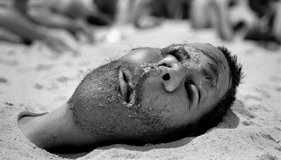 Image similar to 1 9 6 0 s movie still close up of marcus atilius regulus'face with the eyes wide open and ripped off eyelid, his body buried in the sand, cinestill 8 0 0 t 3 5 mm b & w, high quality, heavy grain, high detail, texture, dramatic light, anamorphic, hyperrealistic, detailed hair