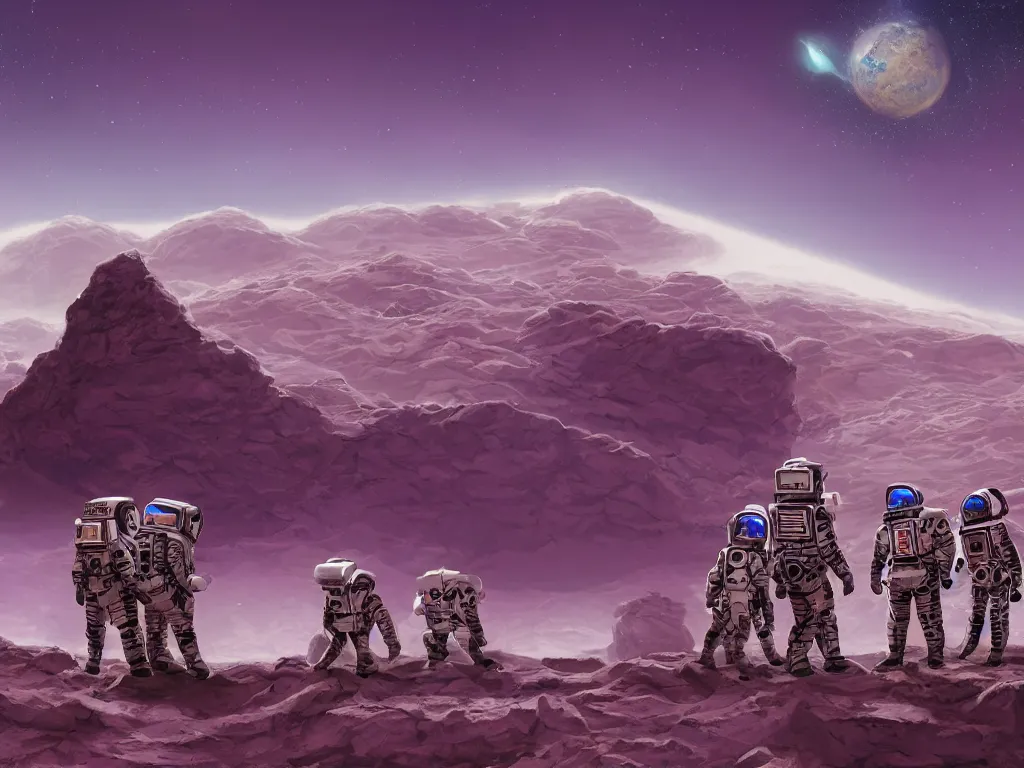 Prompt: a team of overweight space cadets with emo haircuts and intricate purple and black space suits standing awkwardly on the rocky surface of mars, watching a burning spacecraft in the background, sunset, sand storm approaching, highly detailed, digital painting, artstation, concept art, smooth, sharp focus, illustration