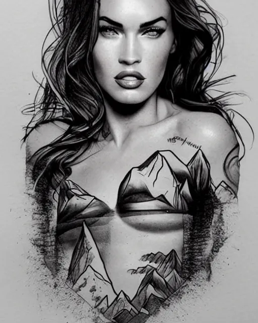 Image similar to megan fox face mash up with beautiful mountains, in the style of dan mountford, tattoo sketch, double exposure, hyper realistic, amazing detail, black and white