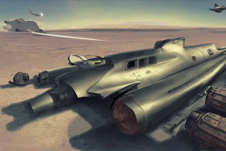 Image similar to dieselpunk digital illustration of a rocket car breaking the sound barrier across salt flats by craig mullins