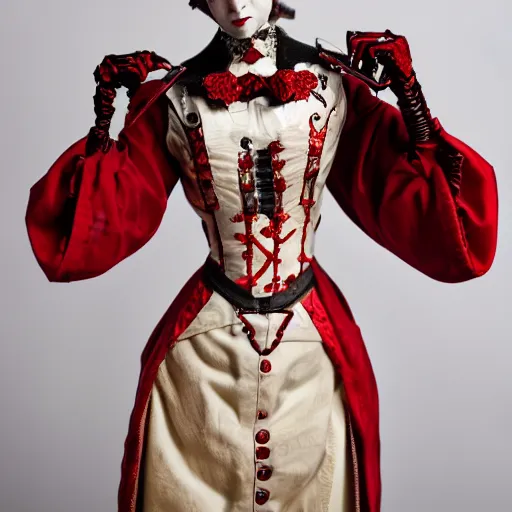 Prompt: red gothic cyborg victorian bizzare porcelain woman with artnouveau garment and ornaments sharp focus 8 k