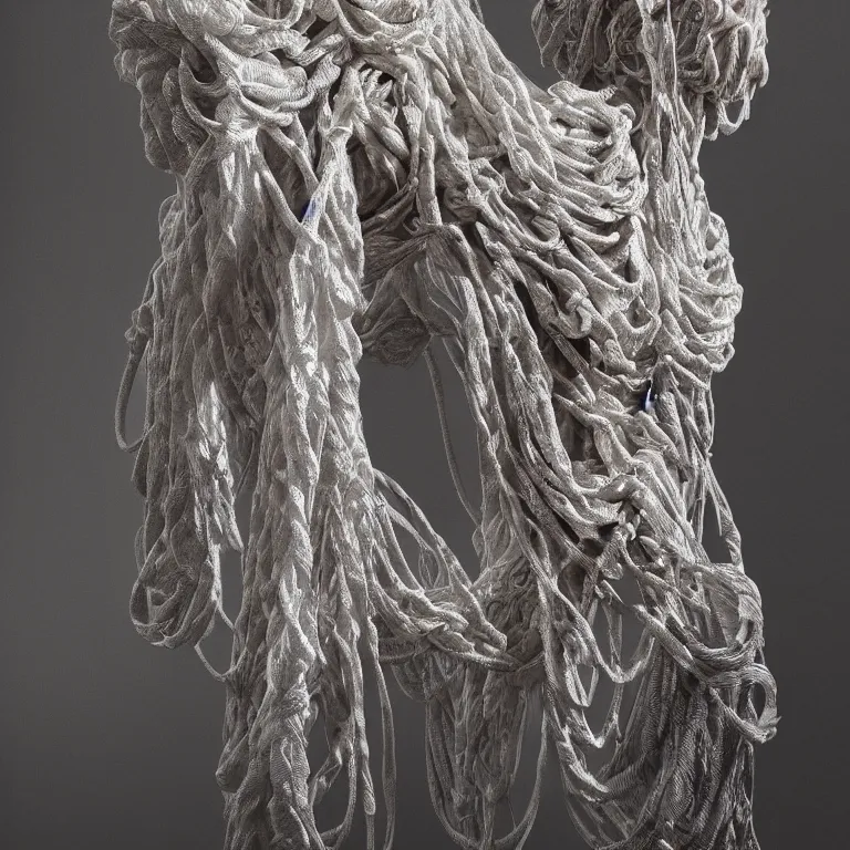 Prompt: mixed media abstract sculpture created with fabrics and ropes by alexander mcqueen / highly detailed, intrincate, dramatic lighting in the mist, octane, lumen unreal 5 / in the style of beksinsky and gustave dore