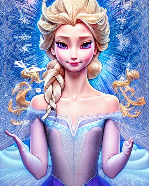 Image similar to ' princess elsa gone mental ', beautiful shadowing, 3 d shadowing, reflective surfaces, illustrated completely, 8 k beautifully detailed pencil illustration, extremely hyper - detailed pencil illustration, intricate, epic composition, masterpiece, bold complimentary colors. stunning masterfully illustrated by artgerm, range murata, alphonse mucha, katsuhiro otomo.