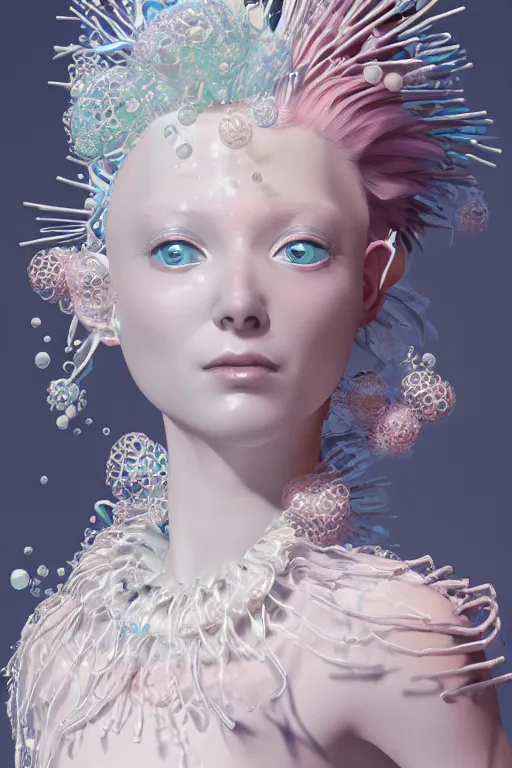 Image similar to an epic non - binary model, subject made of white melting porcelain, mesh headdress, flowing dress, with cerulean and pastel pink bubbles bursting out, delicate, beautiful, intricate, melting into vulpix, houdini sidefx, by jeremy mann and ilya kuvshinov, jamie hewlett and ayami kojima, trending on artstation, bold 3 d