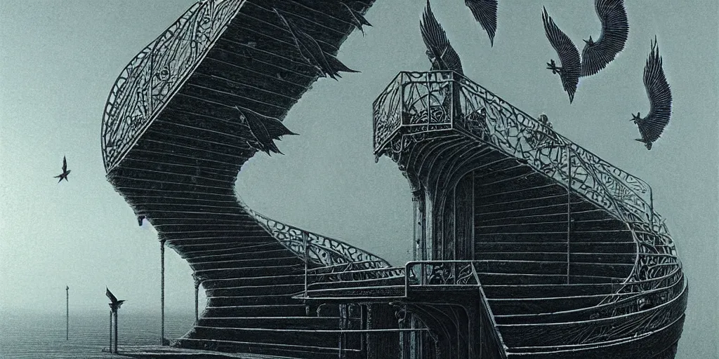 Image similar to big spiral stairways with wings, on old ship, inhabited on many levels, flying birds, by beksinski, shining light, strong perspective, clear geometry, architecture, Award winning. Masterpiece, detailed illustration