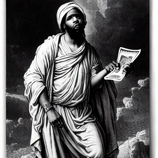 Image similar to lil durk rapper holding stacks of cash, biblical image, style of gustave dore, highly detailed, beautiful, high contrast, black and white