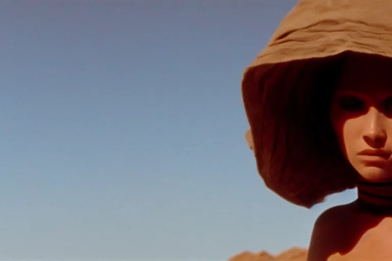 Image similar to a cinematic headshot portrait of a bikini girl in the movie dune, in a serene vast desert, film still, cinematic, movie still, dramatic lighting, 1 6 : 9 ratio