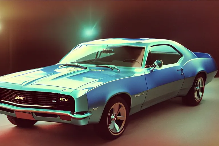 Image similar to designed by john delorean stylized poser of a single 1 9 6 7 chevrolet impala! 2 0 1 3 chevrolet camaro ss!!!! ( delorean ), large led lights, ektachrome photograph, volumetric lighting, f 8 aperture, cinematic eastman 5 3 8 4 film