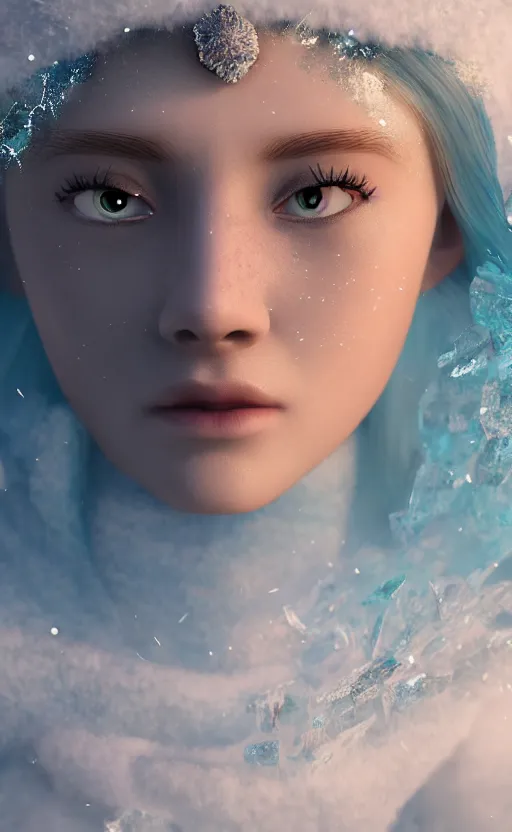 Image similar to ice goddess with beautiful face with a glowing blue crystal on her forehead, frosty white eyes, winter mist around her, white plated armor, pale skin, white smoke, photorealism, octane render, frostbite, 8 k, cinematic, 3 5 mm