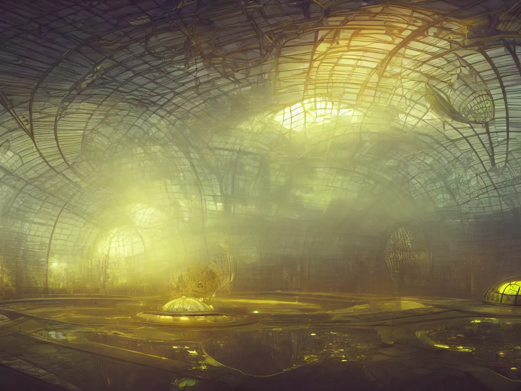 Prompt: Large Spaceship in style of an Art Nouveau Greenhouse in Space; yellow lights; by Beeple; very detailed, 3D Rendered matte painting, fresnel effect, subsurface scattering, DSLR, trending on Artstation Unreal Engine VRa