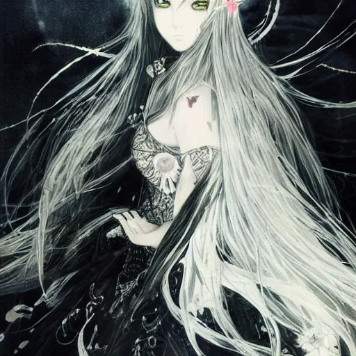 Image similar to yoshitaka amano blurred and dreamy illustration of an anime girl with black eyes, wavy white hair and crown on her head wearing elden ring armor with the cape fluttering in the wind, abstract black and white patterns on the background, noisy film grain effect, highly detailed, renaissance oil painting, weird portrait angle