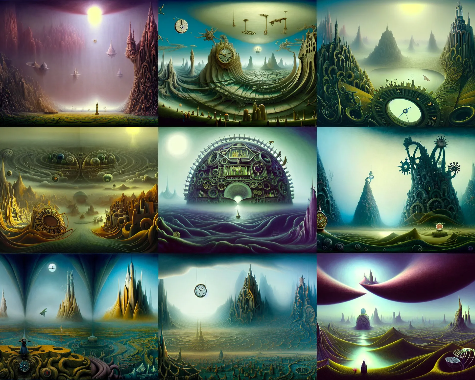 Prompt: a beguiling epic stunning beautiful and insanely detailed matte painting of dream worlds, the land of clocks and gears at the end of space and time with surreal architecture designed by Heironymous Bosch, with mega structures inspired by Heironymous Bosch's Garden of Earthly Delights, vast surreal landscape and horizon by Cyril Rolando and Natalie Shau and Beksinski, masterpiece!!!, grand!, imaginative!!!, whimsical!!, epic scale, intricate details, sense of awe, elite, wonder, insanely complex, masterful composition!!!, sharp focus, fantasy realism, dramatic lighting