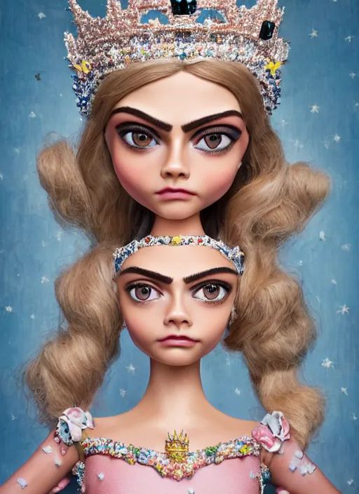 Prompt: closeup face profile portrait of tin toy cara delevingne as a fairytale princess wearing a crown eating cakes, bikini, depth of field, zeiss lens, detailed, symmetrical, centered, fashion photoshoot, by nicoletta ceccoli, mark ryden, lostfish, breathtaking, 8 k resolution, extremely detailed, beautiful, establishing shot, artistic, hyperrealistic, octane render