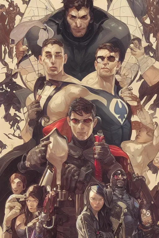 Prompt: group portrait of the Umbrella Academy, superheroes, fantasy, intricate, elegant, realistic, highly detailed, digital painting, artstation, concept art, smooth, sharp focus, cel-shaded, illustration, art by artgerm and greg rutkowski and alphonse mucha