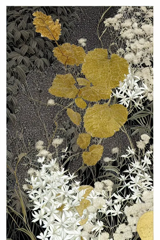 Prompt: herbarium page, highly detailed, ( ( fantasy plants ) ), thin gold details, cool white, ( black background ), intricate digital painting by denis sarazhin, victo ngai, post processing, color grading