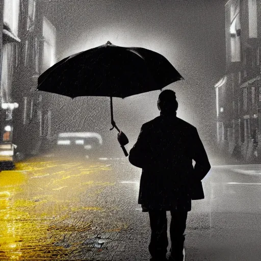 Prompt: A dramatic portrait painting of a man wearing yellow rain coat , holding red umbrella , walking in a black and white street . Cinematic lighting