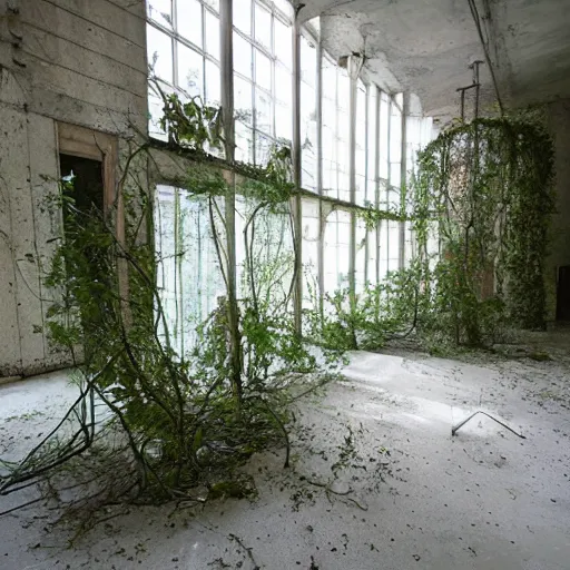 Image similar to an abandoned room in a concrete building, overgrown plants, dreamy, overcast, by hans bellmer