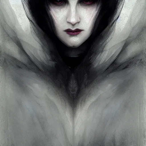 Image similar to a vampire priest character portrait, lean face, cinematic lighting, glowing grey eyes, hyper-detailed, 4k, high resolution, in the style of Charlie Bowater, Tom Bagshaw, single face, symmetrical, headshot photograph, insanely detailed and intricate, beautiful, elegant, watercolor, cinematic, portrait, Raphaelite, headroom, Pierre-Auguste Renoir