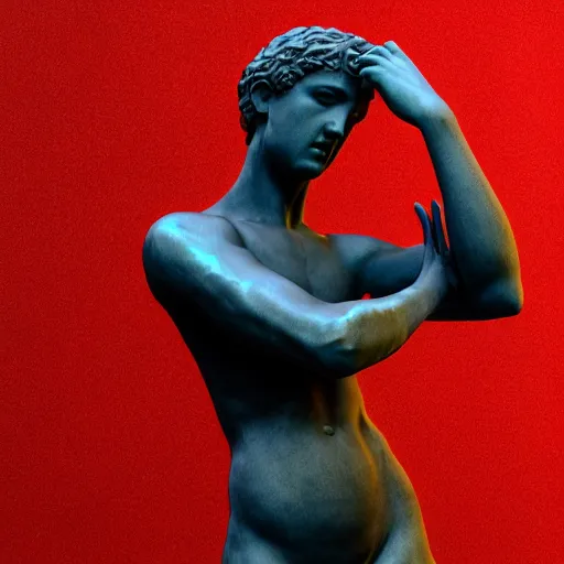 Image similar to a renaissance statue surrounded by a neon ring 3 d render, black background, ray tracing, 8 k resolution, shar focus, hyper detailed, hyper realistic