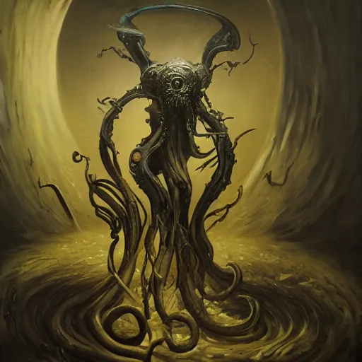 Prompt: oil painting on black canvas, angelarium, illithid, cthulhu, eldritch, by rembrandt, mohrbacher, giger