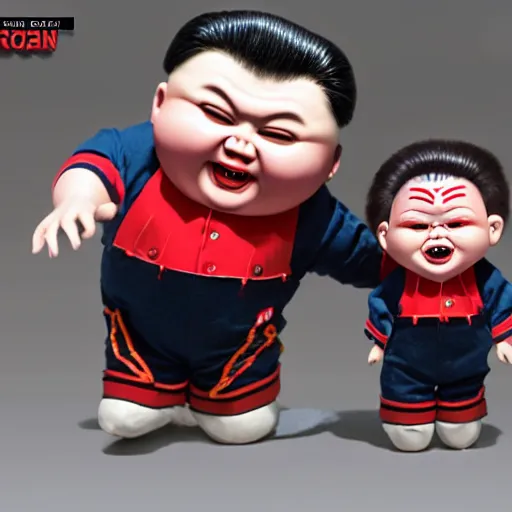 Prompt: kim jong un doll being chased by screaming chucky doll octane render