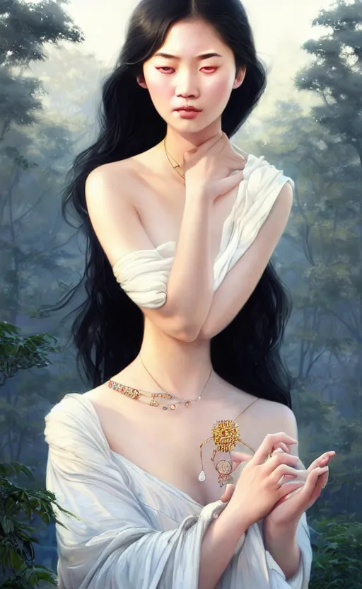 Image similar to a beautiful young charming asian goddess with sundress + jewelry + shinny eyes | | winter, symmetric, realistic shaded, unpleasant face, good looking, fine details, dior, lv, realistic shaded lighting poster by greg rutkowski, macoto takahashi, magali villeneuve, artgerm, jeremy lipkin and michael garmash