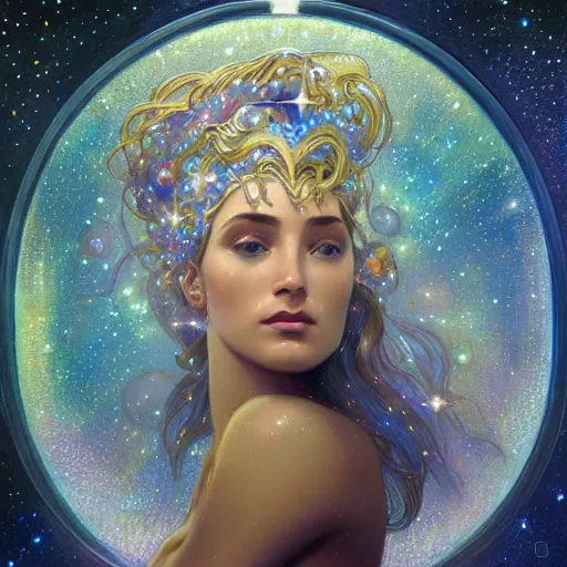 Image similar to portrait of a cosmic goddess, suit made out of stars and galaxies and cosmic energy, intricate, headshot, highly detailed, digital painting, artstation, concept art, sharp focus, cinematic lighting, illustration, art by artgerm and greg rutkowski, alphonse mucha, cgsociety