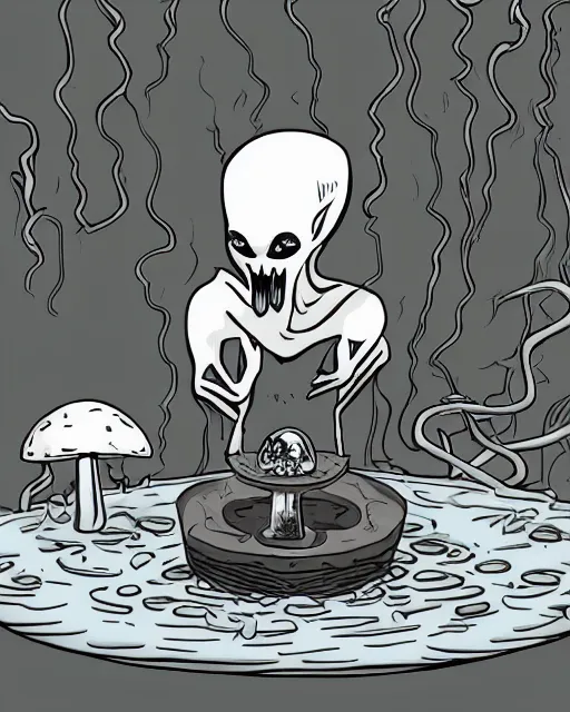 Prompt: a painting of a evil Nordic alien of pure evil, made in tones of white and grey, drinking liquid gold, in a wild mushroom fountain, bath like style, insanely detailed, loony toons style, isometric views, 8k