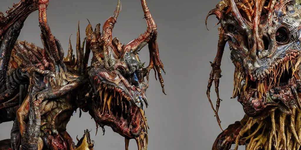 Image similar to photo taken of an epic intricate, ultra detailed, super realistic gritty, hero prop, exquisitely painted animatronic movie prop of a grotesque nightmarish hellish alien creature displayed in the workshop, created by weta workshop, full body shot, photorealistic, sharp focus