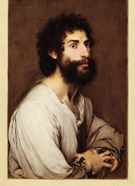 Prompt: portrait of hansom male elf with dark brown eyes, short brown hair and a well trimmed beard by valentin de boulogne, only one head single portrait