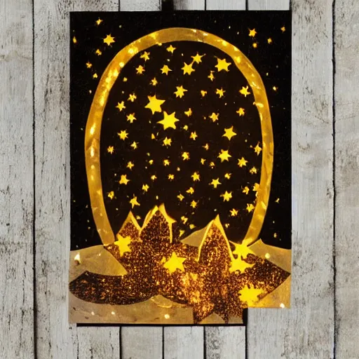 Image similar to a comfy crackling outdoor campfire in front of a very dark background of yellow illustrated stars, astrophotography, warm muted colors, cut paper photo collage with photograph and illustration