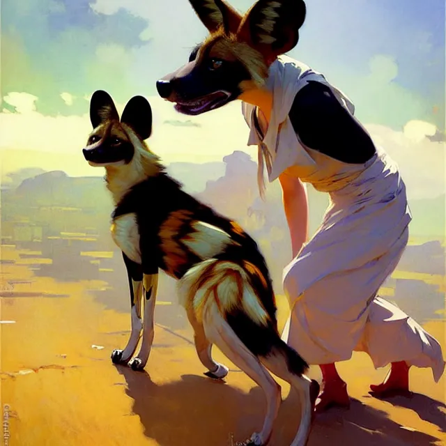 Image similar to a female character inspired by an african wild dog, short hair, basic background, krenz cushart, mucha, ghibli, by joaquin sorolla rhads leyendecker, by ohara koson