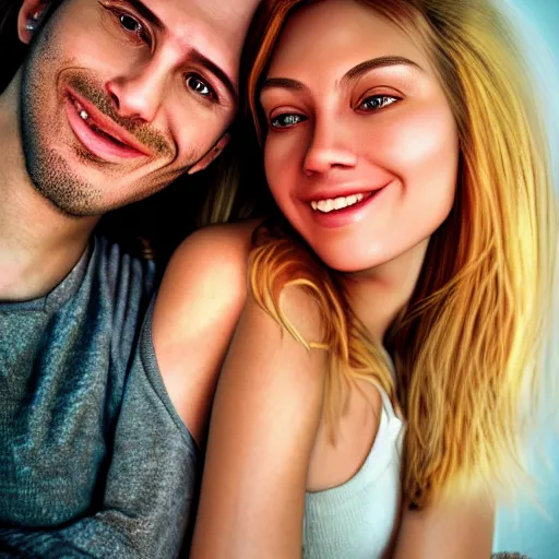 Image similar to intricate beautiful hyperreal portrait of you and me, smiling softly, casual clothes, relaxing on the couch, home interior, golden hour, close up shot, 8 k, art by irakli nadar, hyperrealism, hyperdetailed, ultra realistic