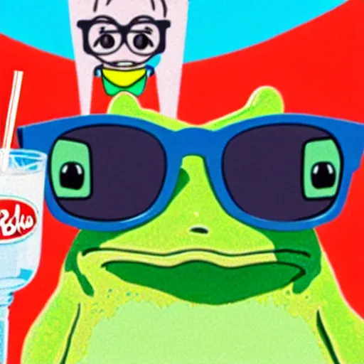 Image similar to studio ghibli frog sipping a hi - c juice box through a straw and wearing ray - ban wayfarers, ultra detail