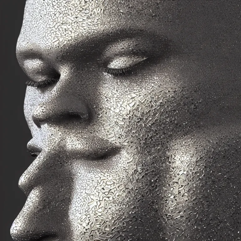 Image similar to octane render portrait by wayne barlow and carlo crivelli and glenn fabry, a giant shiny smooth reflective colorful patterned metal statue of a face by jeff koons wrapped in folded white silk, cinema 4 d, ray traced lighting, very short depth of field, bokeh