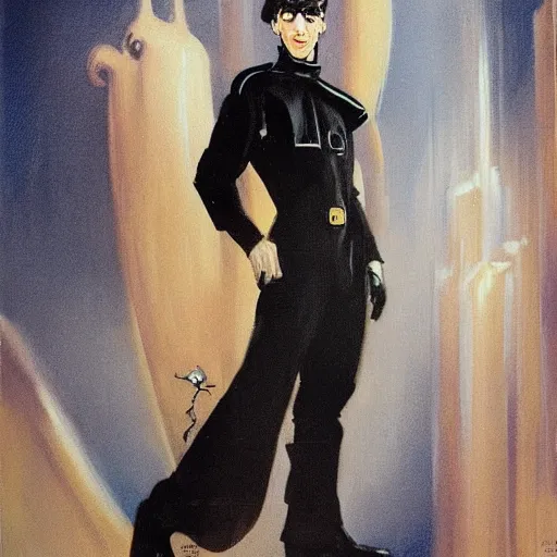 Image similar to scifi art of a portrait by marc davis, a man in his thirties, mix between french, turkish and russian, short black hair with bangs, very tall and slender, wearing a retro - futuristic beige and black utilitarian jumpsuit.