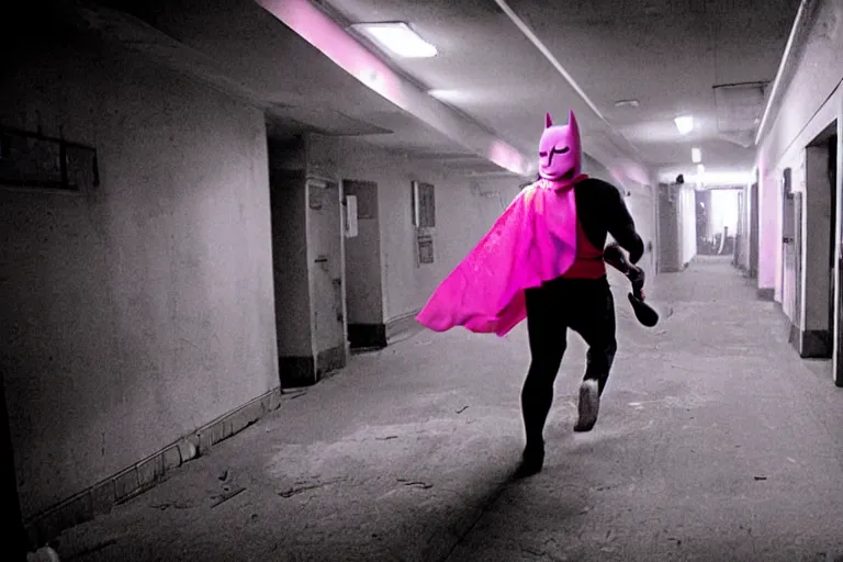 Prompt: batman wearing pink apron wielding an axe, chasing through old brown decrepit hallway, running toward camera, creepy smile, atmospheric eerie lighting, dim lighting, bodycam footage, motion blur, photograph