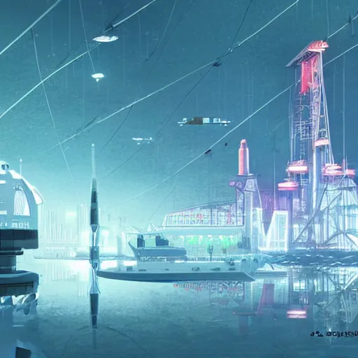 Prompt: industrial futuristic ice mine, with spaceships in the sky, long exposure, neon signs, tall shard structure in the centre of the background, cinematic, epic, 4 k, concept art by tatsuro kiuchi